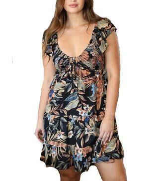 Angie Black Floral Boho Dress Smocked Bodice Short Sleeve Tiered Dress‎ Size M